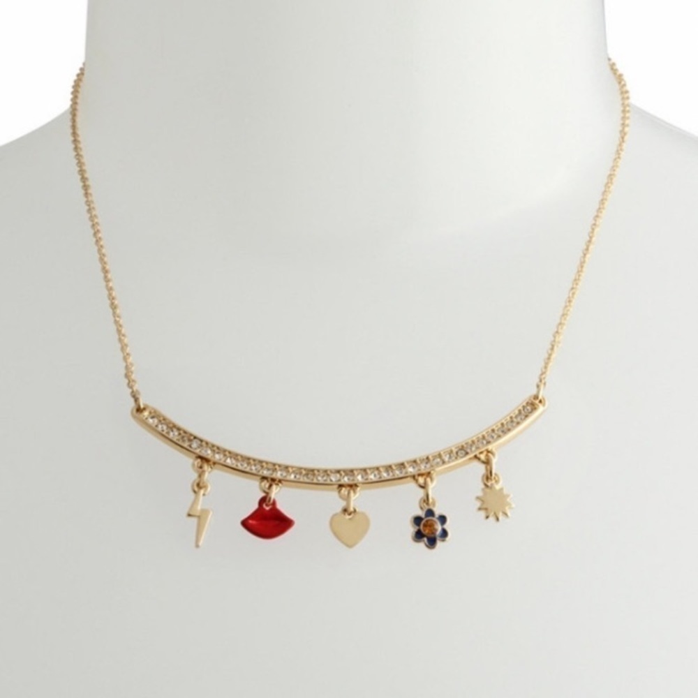 BETSEY JOHNSON Gold Multi-Charm Aurora Borealis Crystal & Shake Necklace NEW NWT